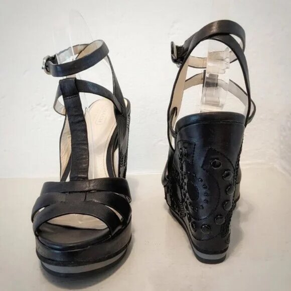 COACH Catalina Black Leather Embellished Studded Wedge Ankle Strap Sandal Sz 7.5 - Picture 12 of 12
